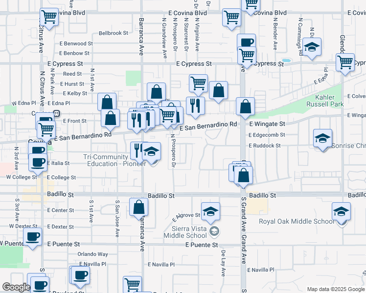 map of restaurants, bars, coffee shops, grocery stores, and more near 331 North Vecino Drive in Covina