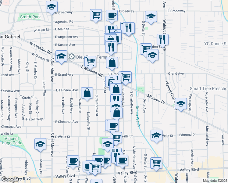 map of restaurants, bars, coffee shops, grocery stores, and more near 1024 South San Gabriel Boulevard in San Gabriel