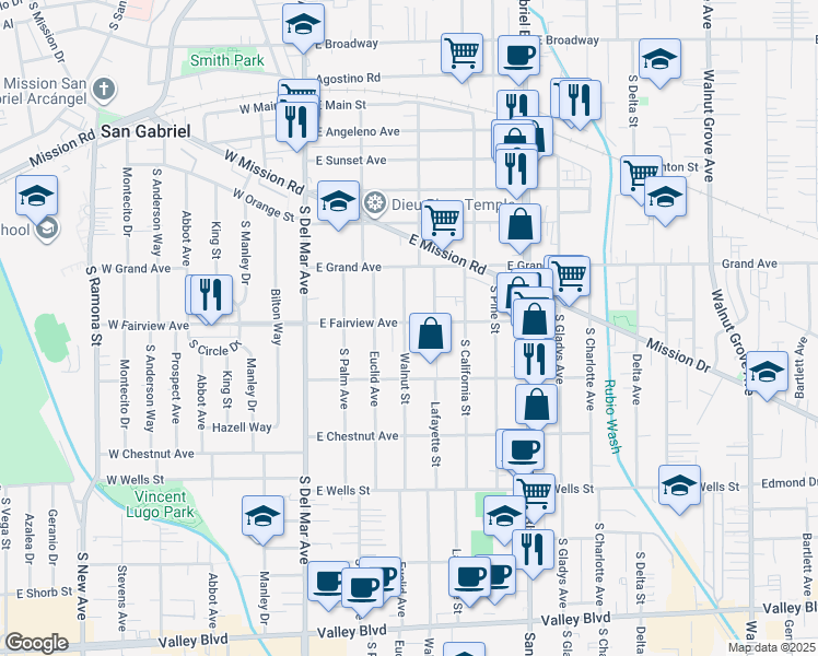map of restaurants, bars, coffee shops, grocery stores, and more near in San Gabriel