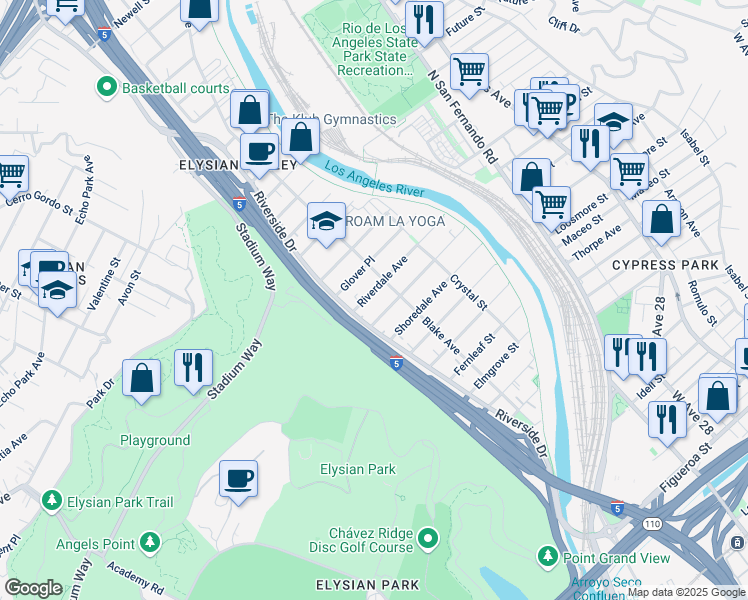 map of restaurants, bars, coffee shops, grocery stores, and more near 2225 Meadowvale Avenue in Los Angeles