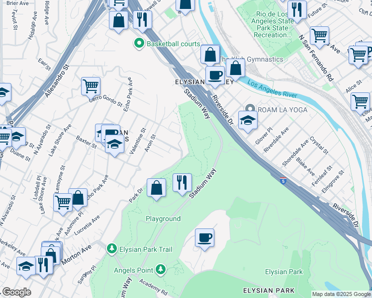 map of restaurants, bars, coffee shops, grocery stores, and more near 2100 Park Drive in Los Angeles