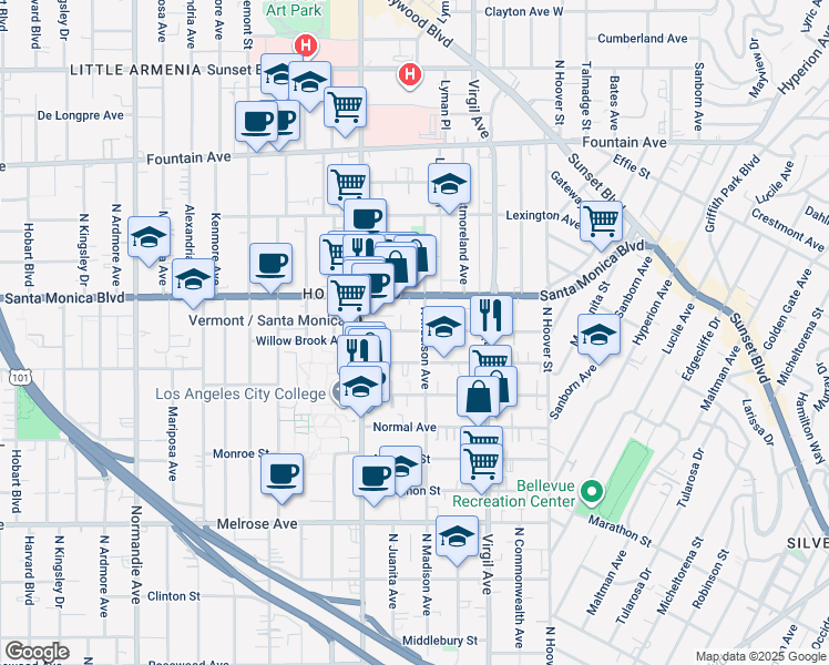 map of restaurants, bars, coffee shops, grocery stores, and more near 4421 Lockwood Avenue in Los Angeles