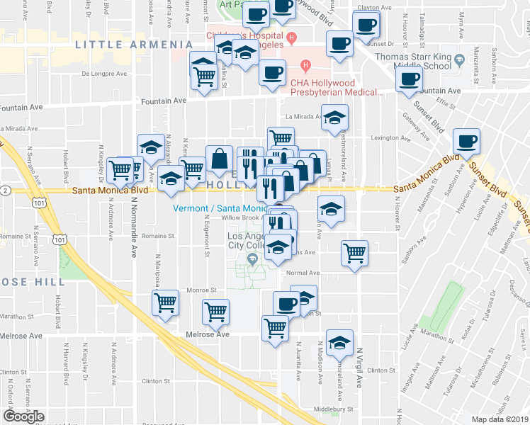 map of restaurants, bars, coffee shops, grocery stores, and more near 855 North Vermont Avenue in Los Angeles