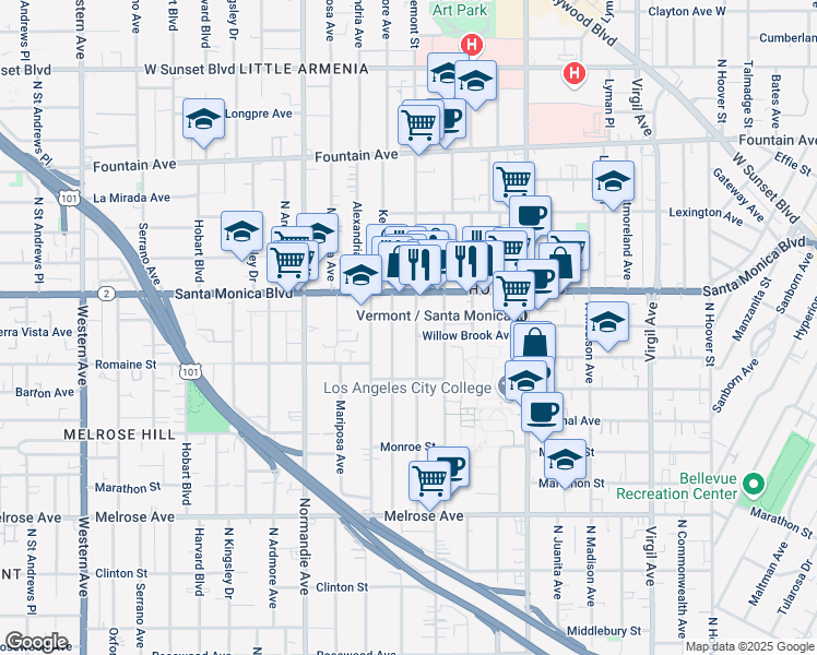 map of restaurants, bars, coffee shops, grocery stores, and more near 930 North Edgemont Street in Los Angeles