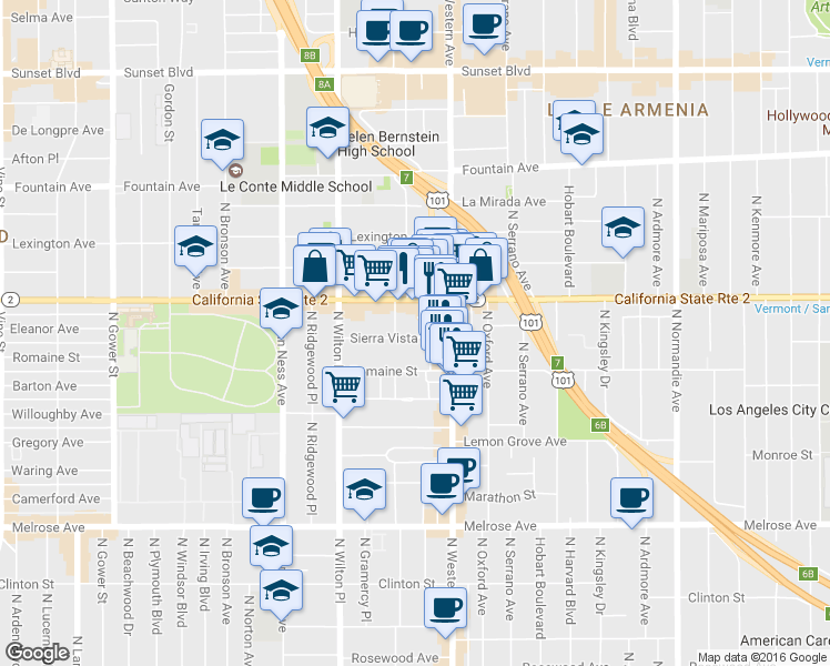 map of restaurants, bars, coffee shops, grocery stores, and more near 5452 Sierra Vista Avenue in Los Angeles
