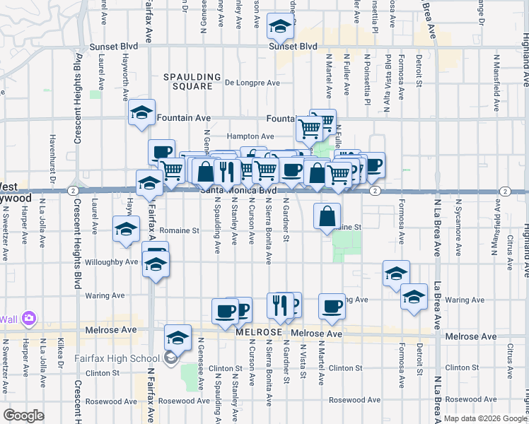 map of restaurants, bars, coffee shops, grocery stores, and more near 1007 North Sierra Bonita Avenue in West Hollywood