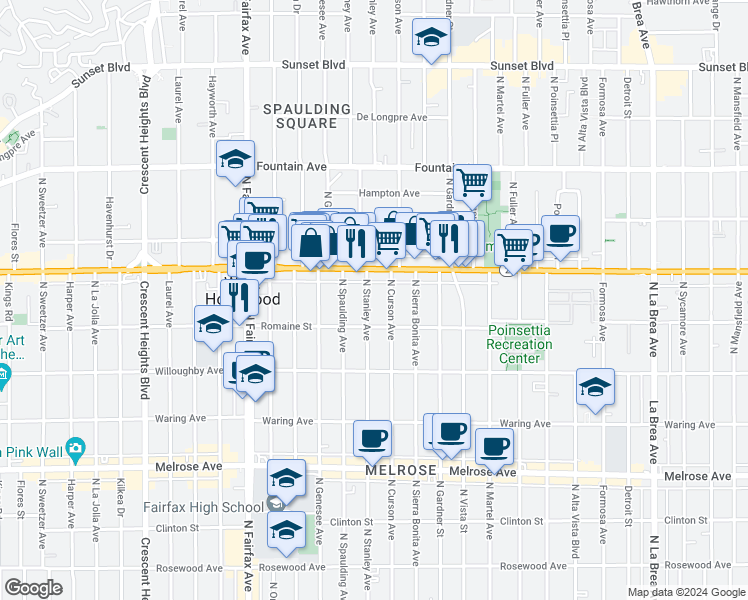 map of restaurants, bars, coffee shops, grocery stores, and more near 1008 North Stanley Avenue in West Hollywood