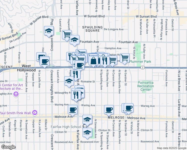 map of restaurants, bars, coffee shops, grocery stores, and more near 1004 1/2 North Ogden Drive in West Hollywood