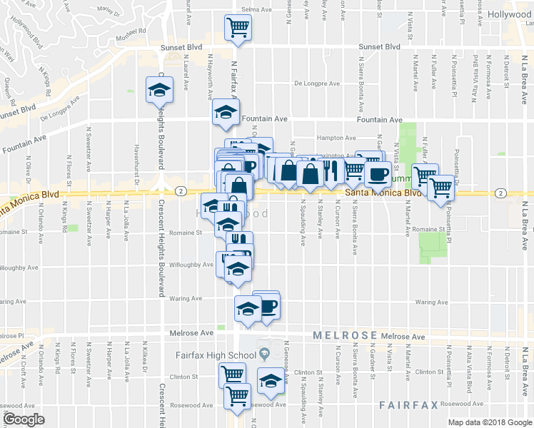 map of restaurants, bars, coffee shops, grocery stores, and more near 1031 North Ogden Drive in Los Angeles