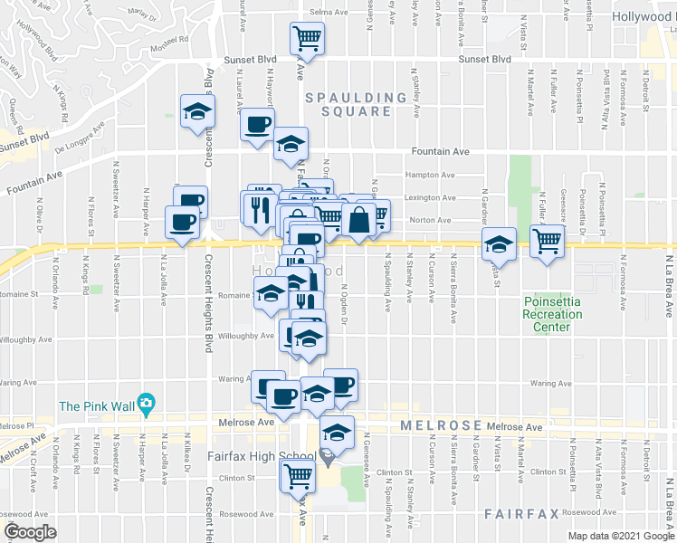 map of restaurants, bars, coffee shops, grocery stores, and more near 1001 North Orange Grove Avenue in West Hollywood