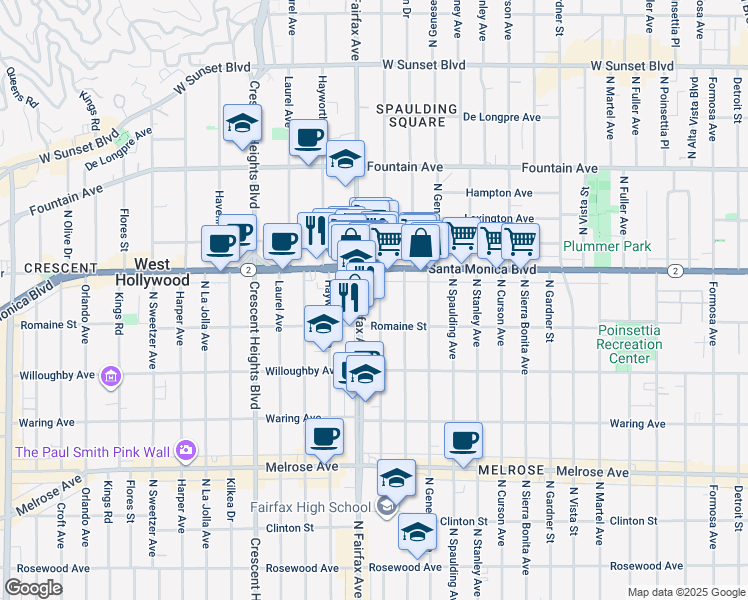 map of restaurants, bars, coffee shops, grocery stores, and more near 1001 North Orange Grove Avenue in West Hollywood