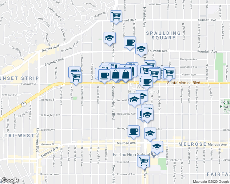 map of restaurants, bars, coffee shops, grocery stores, and more near 1009 North Laurel Avenue in West Hollywood