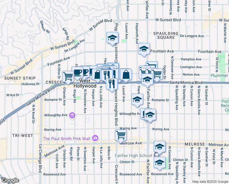 map of restaurants, bars, coffee shops, grocery stores, and more near 1006 Havenhurst Drive in West Hollywood