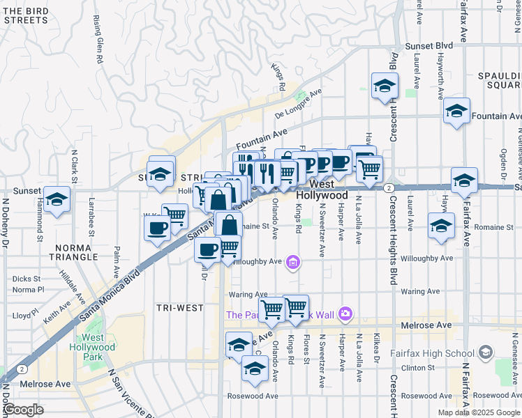 map of restaurants, bars, coffee shops, grocery stores, and more near 1000 North Croft Avenue in Los Angeles