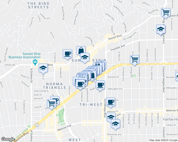 map of restaurants, bars, coffee shops, grocery stores, and more near 8620 North West Knoll Drive in West Hollywood