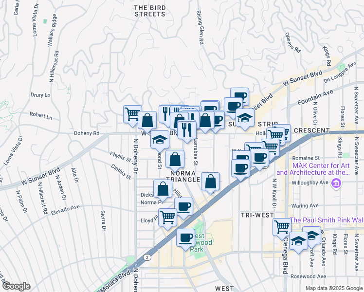 map of restaurants, bars, coffee shops, grocery stores, and more near 955 North San Vicente Boulevard in West Hollywood