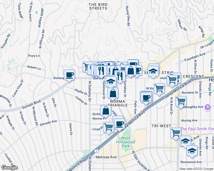 map of restaurants, bars, coffee shops, grocery stores, and more near 967 Hammond Street in West Hollywood
