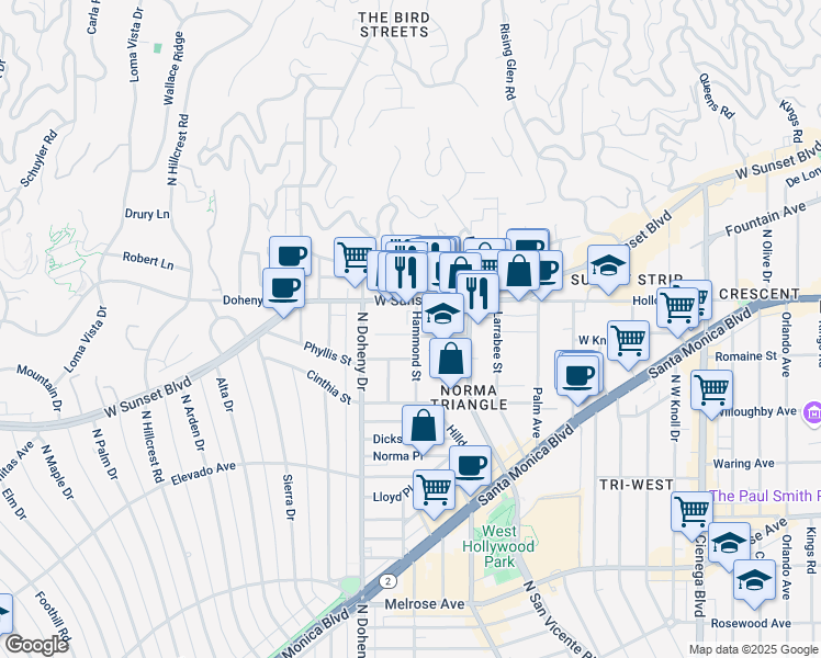 map of restaurants, bars, coffee shops, grocery stores, and more near 967 Hammond Street in West Hollywood