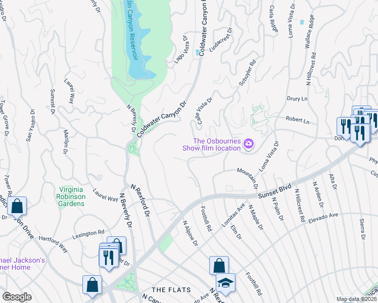 map of restaurants, bars, coffee shops, grocery stores, and more near 920 Foothill Road in Beverly Hills