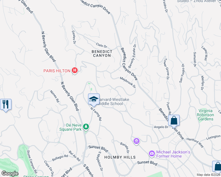 map of restaurants, bars, coffee shops, grocery stores, and more near 10121 Angelo Circle in Beverly Hills