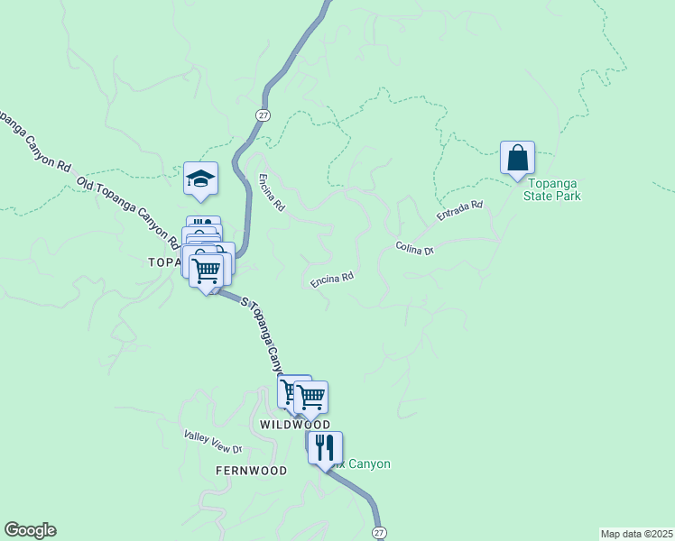 map of restaurants, bars, coffee shops, grocery stores, and more near 21476 Encina Road in Topanga