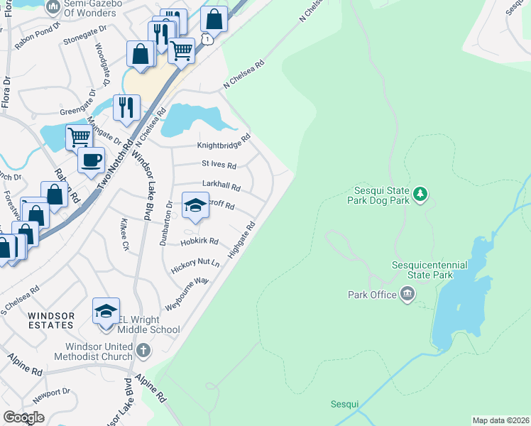 map of restaurants, bars, coffee shops, grocery stores, and more near 9728 Highgate Road in Columbia