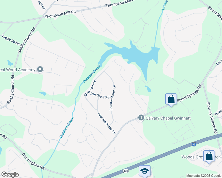 map of restaurants, bars, coffee shops, grocery stores, and more near 4790 Brandon Acres Lane in Buford