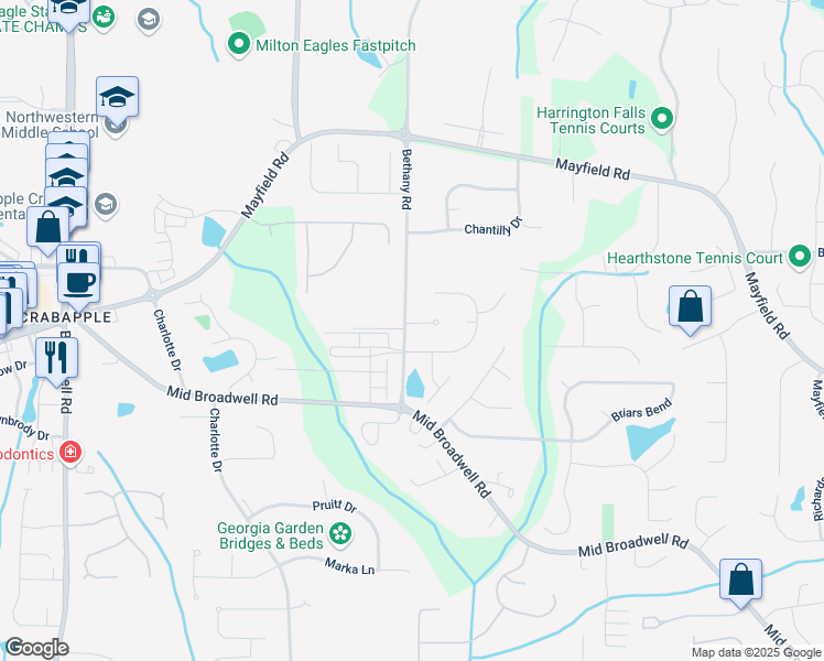 map of restaurants, bars, coffee shops, grocery stores, and more near 1220 Chelsey Lane in Alpharetta