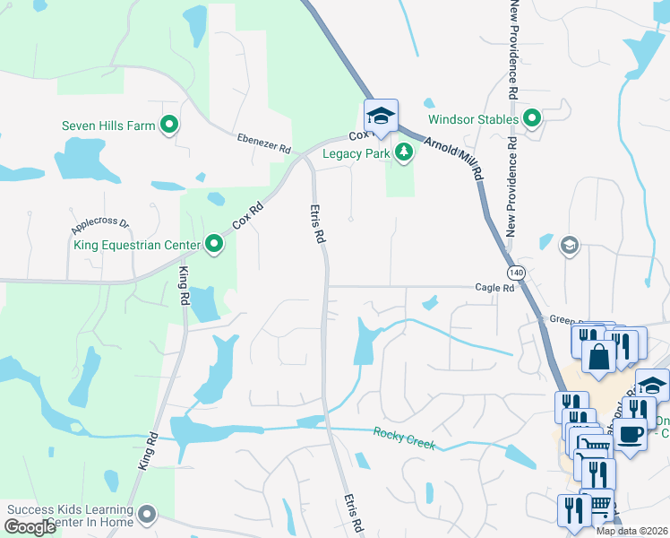map of restaurants, bars, coffee shops, grocery stores, and more near 12630 Etris Road in Roswell