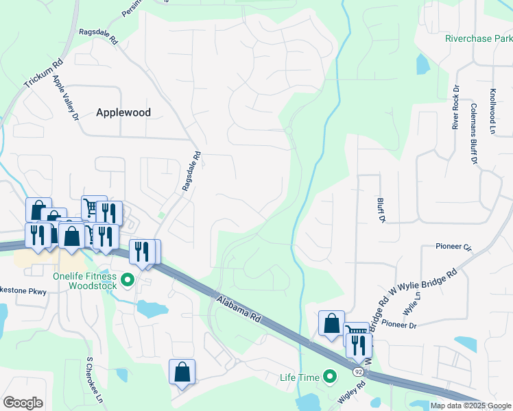 map of restaurants, bars, coffee shops, grocery stores, and more near 301 Wickley Way in Woodstock
