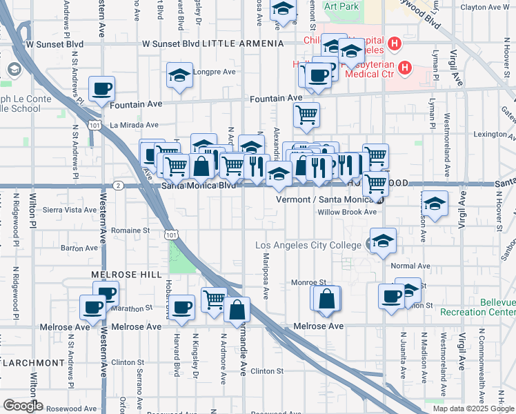 map of restaurants, bars, coffee shops, grocery stores, and more near 1021 North Mariposa Avenue in Los Angeles