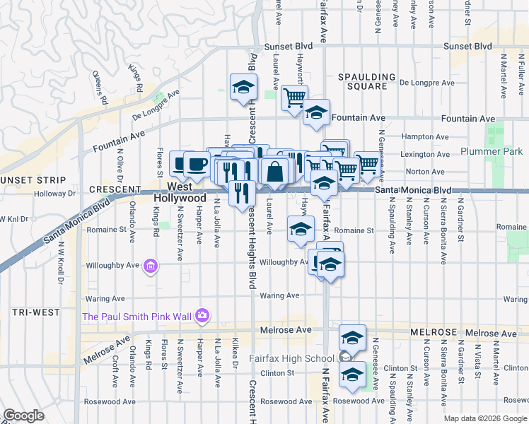 map of restaurants, bars, coffee shops, grocery stores, and more near 1031 Laurel Avenue in West Hollywood