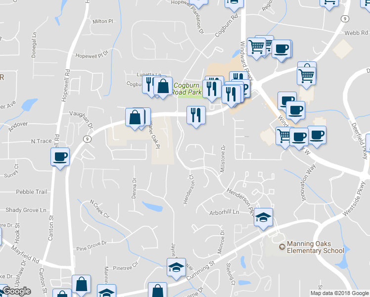 map of restaurants, bars, coffee shops, grocery stores, and more near 5225 North Somerset Lane in Alpharetta