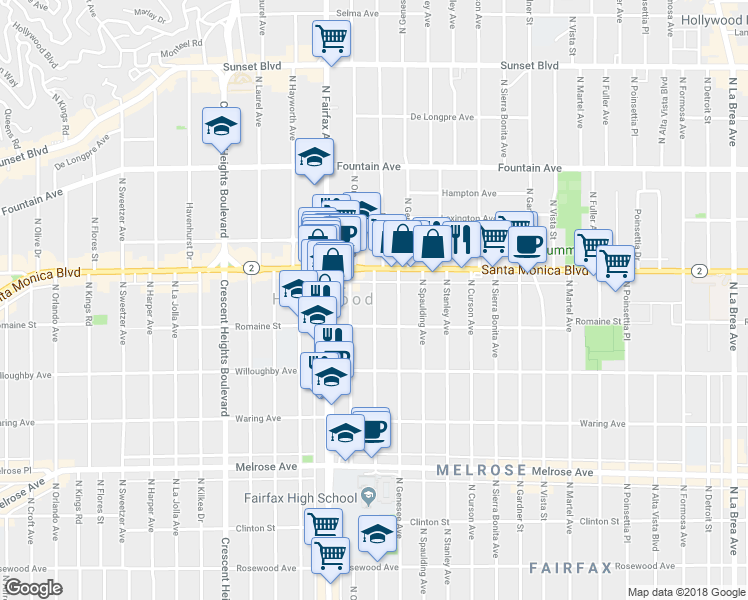 map of restaurants, bars, coffee shops, grocery stores, and more near 1031 North Ogden Drive in Los Angeles