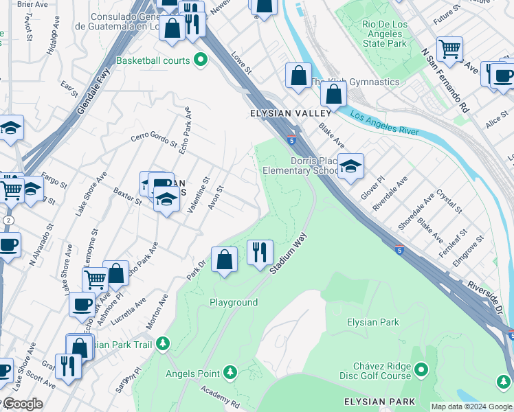 map of restaurants, bars, coffee shops, grocery stores, and more near 1431 Avon Park Terrace in Los Angeles