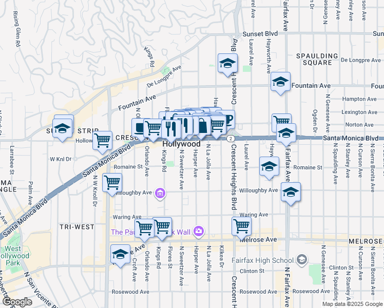 map of restaurants, bars, coffee shops, grocery stores, and more near 1005 North Harper Avenue in West Hollywood