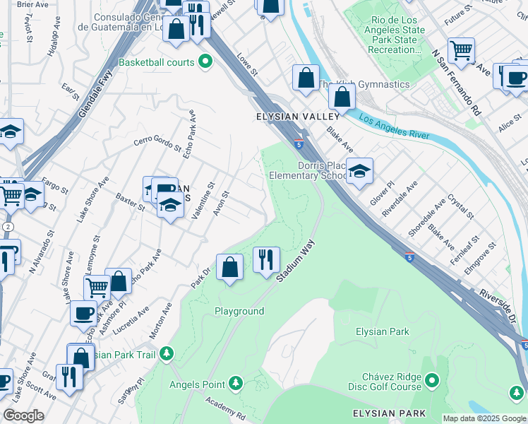 map of restaurants, bars, coffee shops, grocery stores, and more near 1431 Avon Park Terrace in Los Angeles