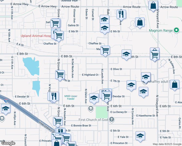 map of restaurants, bars, coffee shops, grocery stores, and more near 1483 East Highland Court in Ontario