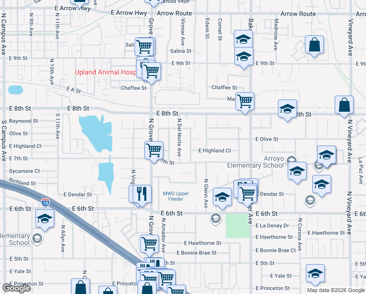 map of restaurants, bars, coffee shops, grocery stores, and more near 1740 North Del Norte Avenue in Ontario