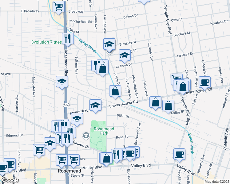 map of restaurants, bars, coffee shops, grocery stores, and more near 9232 Roseglen Street in Temple City