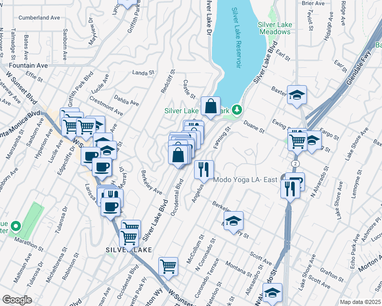 map of restaurants, bars, coffee shops, grocery stores, and more near 1733 Silver Lake Boulevard in Los Angeles