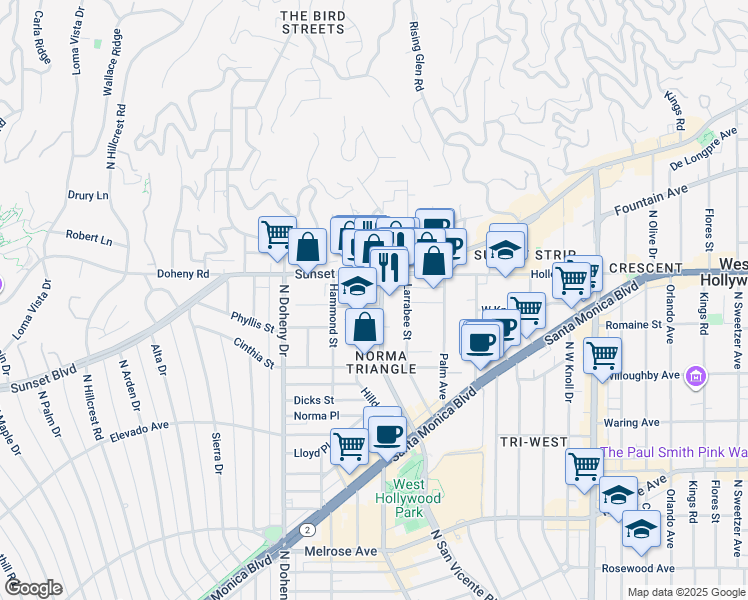 map of restaurants, bars, coffee shops, grocery stores, and more near 955 North San Vicente Boulevard in West Hollywood