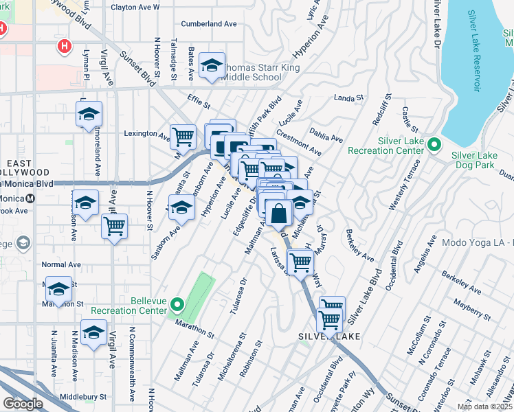 map of restaurants, bars, coffee shops, grocery stores, and more near 1436 Edgecliffe Drive in Los Angeles