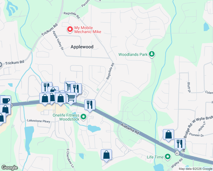map of restaurants, bars, coffee shops, grocery stores, and more near 307 Cornerstone Trce in Woodstock