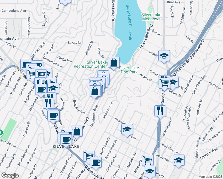 map of restaurants, bars, coffee shops, grocery stores, and more near 2855 Effie Street in Los Angeles