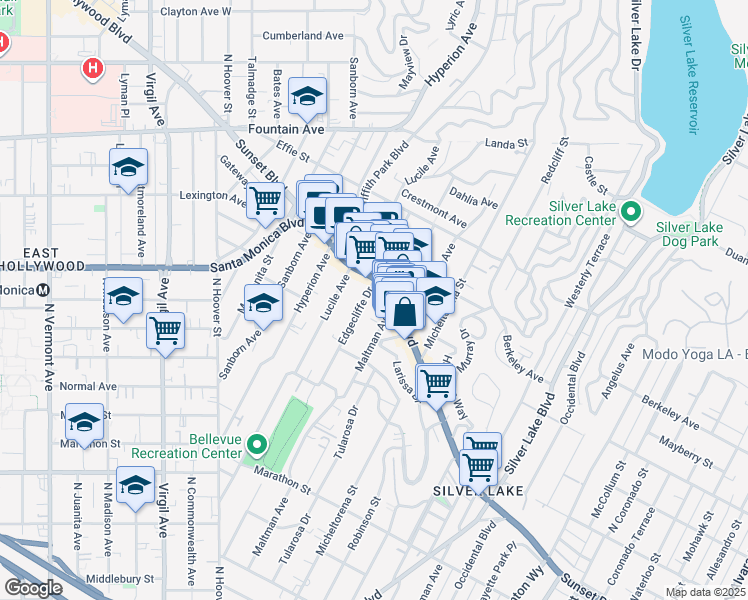 map of restaurants, bars, coffee shops, grocery stores, and more near 1436 Edgecliffe Drive in Los Angeles
