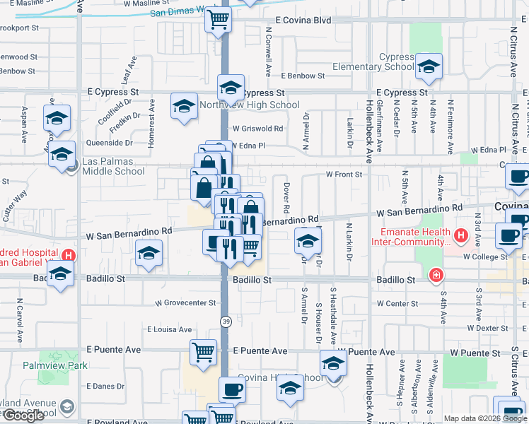 map of restaurants, bars, coffee shops, grocery stores, and more near 781 West San Bernardino Road in Covina