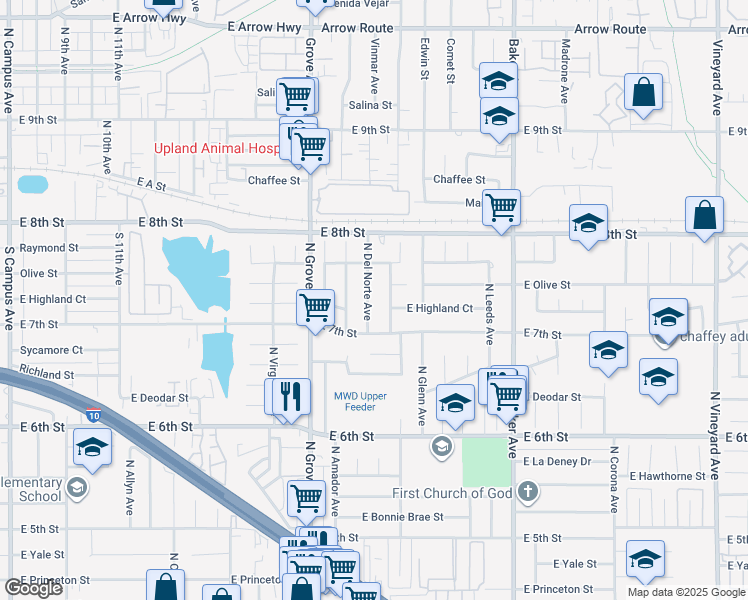 map of restaurants, bars, coffee shops, grocery stores, and more near 1740 North Del Norte Avenue in Ontario