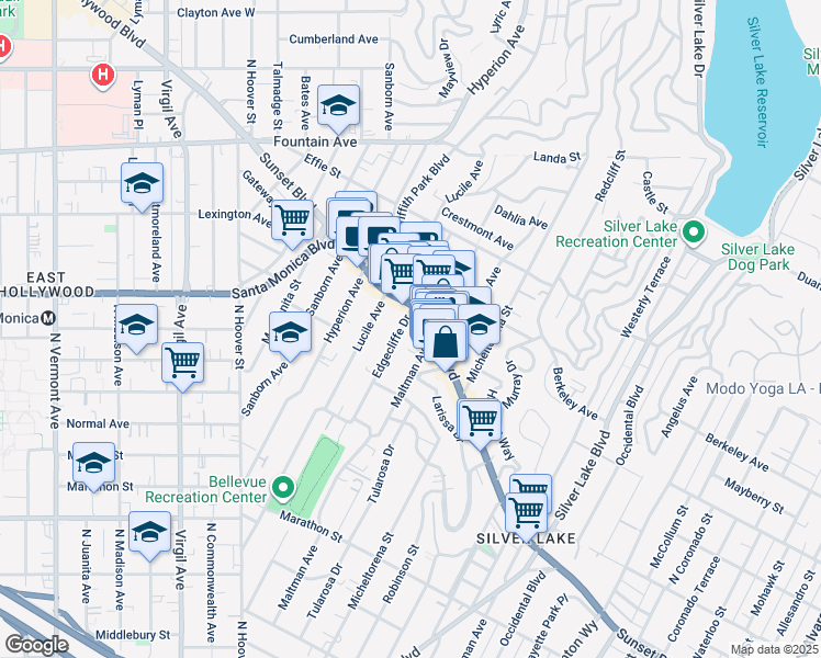 map of restaurants, bars, coffee shops, grocery stores, and more near 1409 Maltman Avenue in Los Angeles