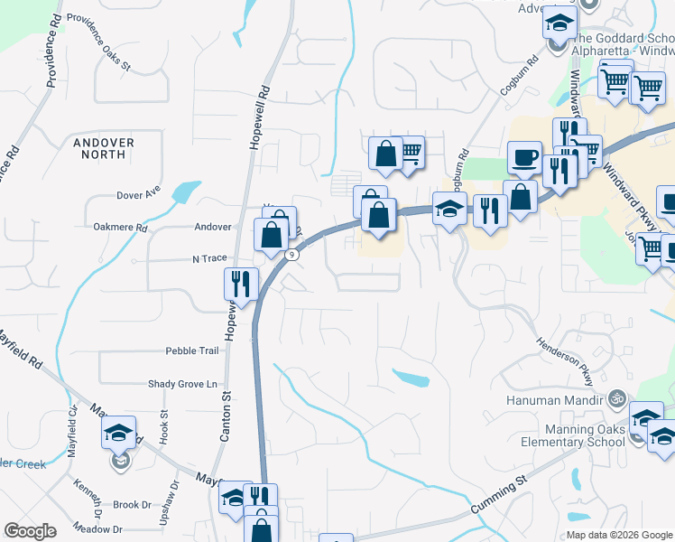 map of restaurants, bars, coffee shops, grocery stores, and more near 1050 Winthrope Chase Drive in Alpharetta
